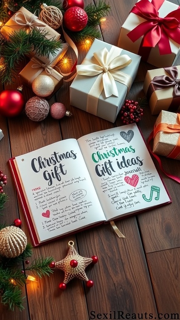 An open Christmas gift ideas journal with colorful notes and decorations on a wooden table.